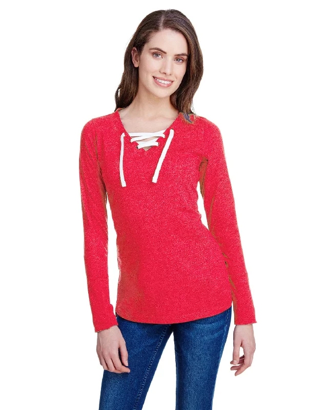 LAT Ladies Long Sleeve Fine Jersey Lace-Up T-Shirt | Vintage Red/ Wht Anti-Pilling Machine Wash Handmade