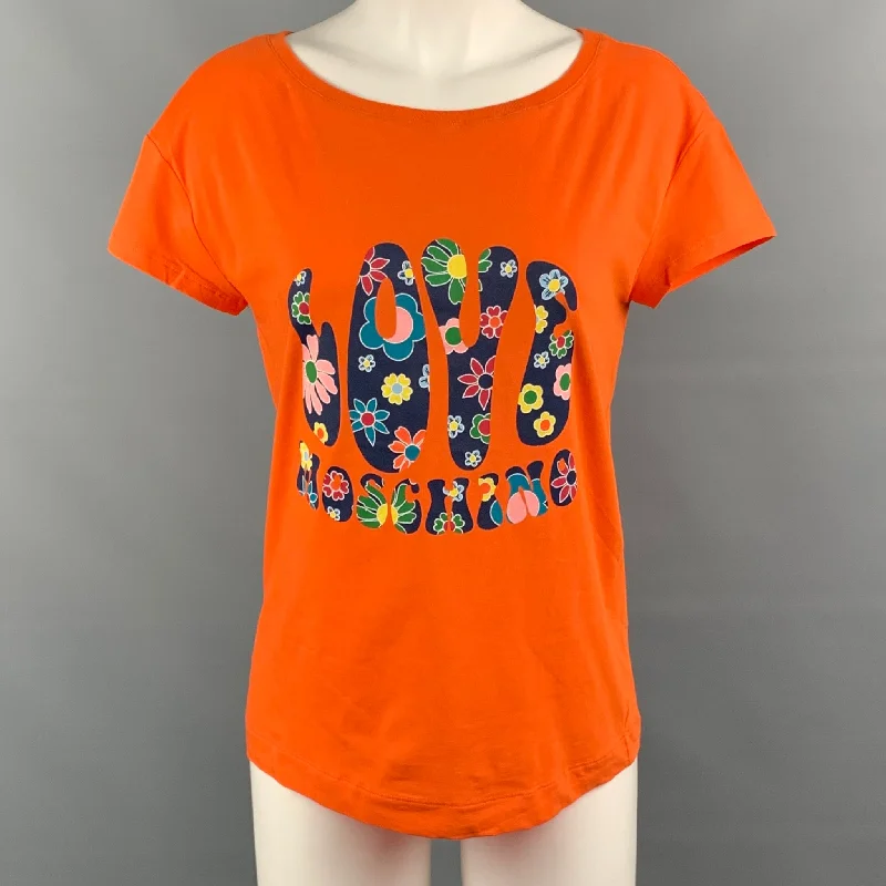 LOVE MOSCHINO Size 4 Orange Floral Graphic Cotton T-Shirt Mesh Blend Leather Blend Suede Blend