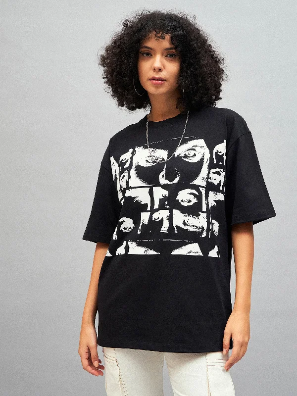 Lyush Women Black Retro Photographic Print Oversized T-shirt Oversized T-Shirt Spandex breathable