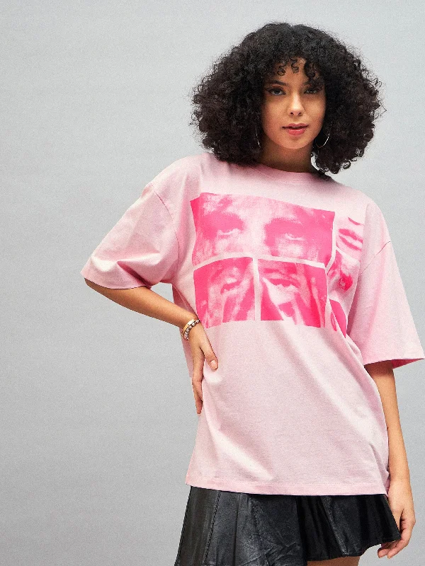 Lyush Women Pastel Pink Photographic Print Oversized T-shirt Fitted T-Shirt Seamless Stretchy