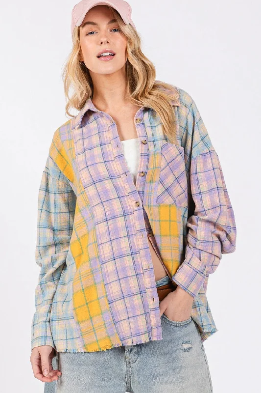 SAGE + FIG Women's Button Up Raw Hem  Plaid Flannel Shirt Knit Fabric Woven Fabric Fleece Fabric