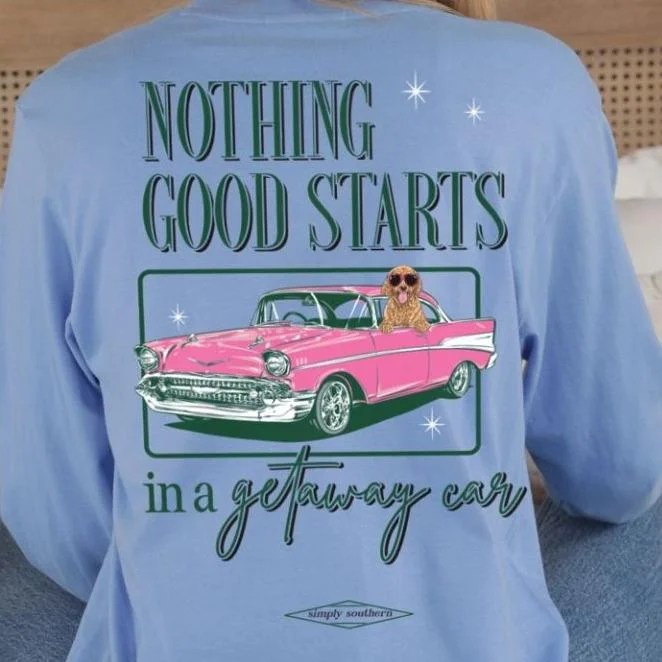 Simply Southern Women's Long Sleeve Getaway Car Old Chevy T-Shirt Notch Collar Peter Pan Collar Cowl Neck