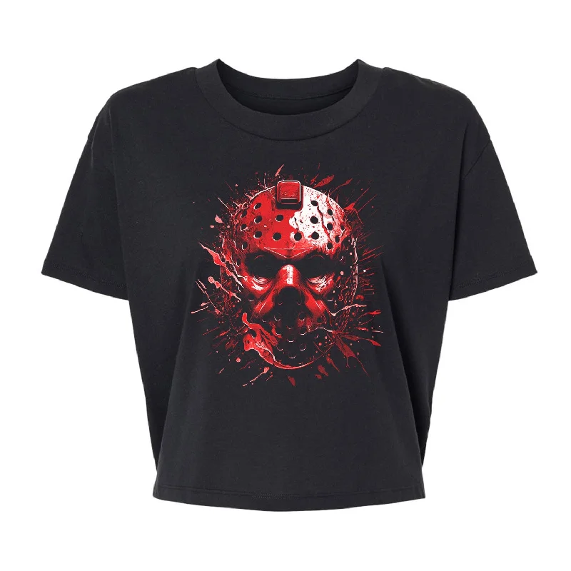 Splatter Mask Red - Alternative Women's Crop Tee Collared Crew Neck Turtle Neck