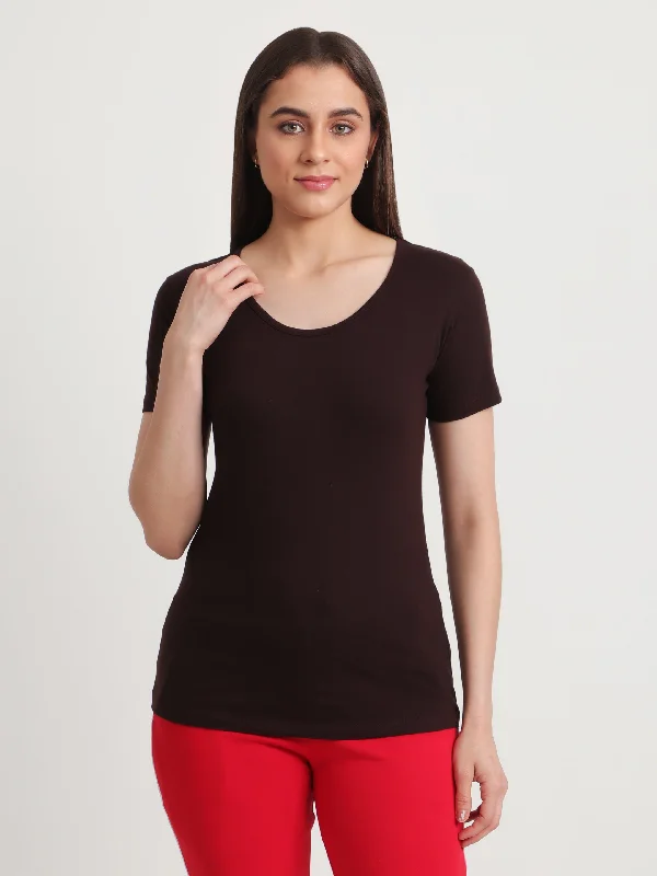 T.T. Women Slim Fit 100% Cotton Cool Round Neck Half Sleev Solid Tshirt  Brown Front Pockets Side Pockets Patch Pockets