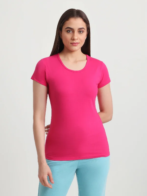 T.T. Women Slim Fit 100% Cotton Cool Round Neck Half Sleev Solid Tshirt  Fuchsia Spandex Blend Rayon Blend Denim Blend