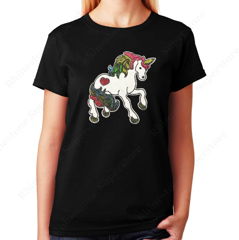 Women's / Unisex T-Shirt with Beautiful Unicorn in Sequins Boxy Fit Fitted Loose