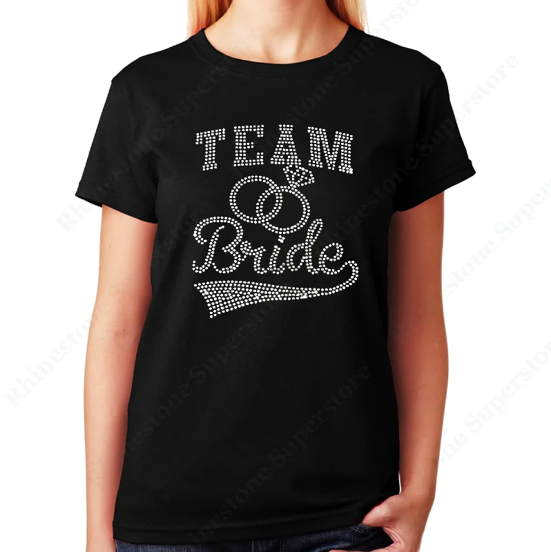 Women's / Unisex T-Shirt with Team Bride with Rings in Rhinestones Notch Collar Peter Pan Collar Cowl Neck