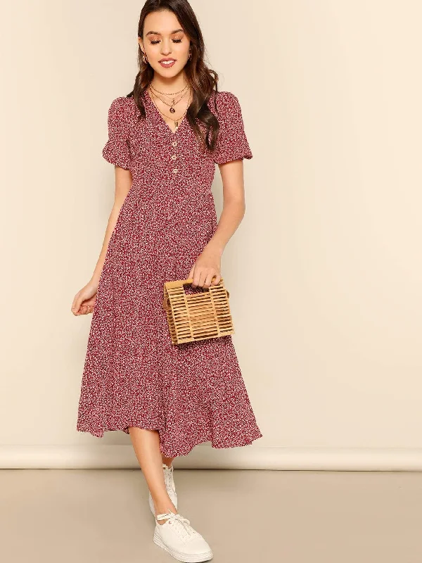 Allover Print Puff Sleeve Button Detail Dress Tunics Luxurious high-end