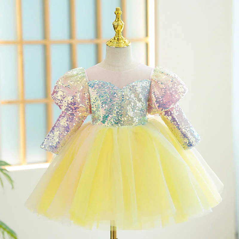 Baby Girl Dress Toddler Prom Puff Sleeves Sequins Puffy Birthday Party Dress Tunics Solid Classic