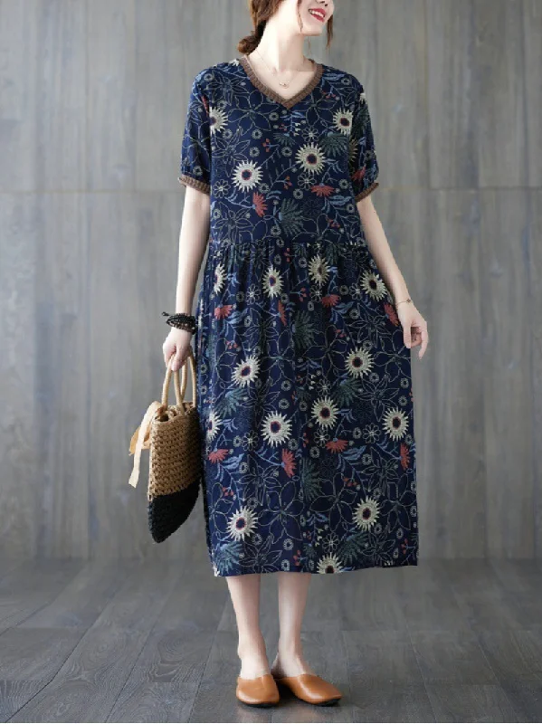 Beautiful summer floral cotton and linen Smock slim dress  Women's Fit Tunics Hiking breathable