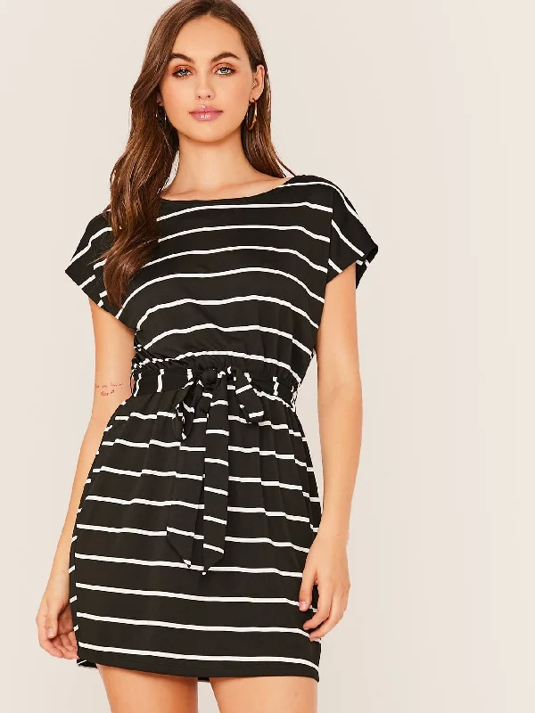 Cap Sleeve Striped Pencil Dress empire Waist empire