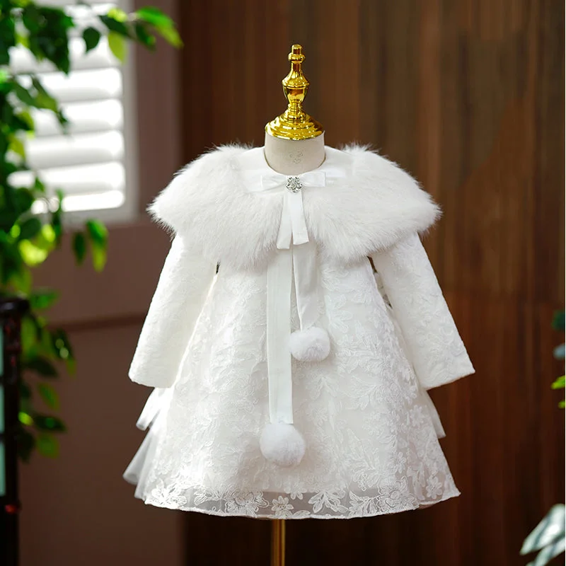 Baby Girl Autumn Winter  Flower Dress Girl Plush Lace Long Sleeve Baptism Princess Dress Crew Neckline Casual