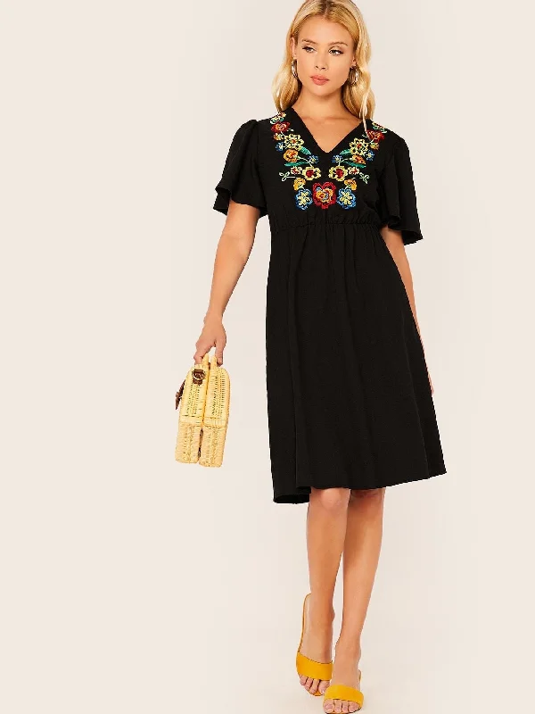 Floral Embroidery Appliques Front Flutter Sleeve Dress Tunics Review highly