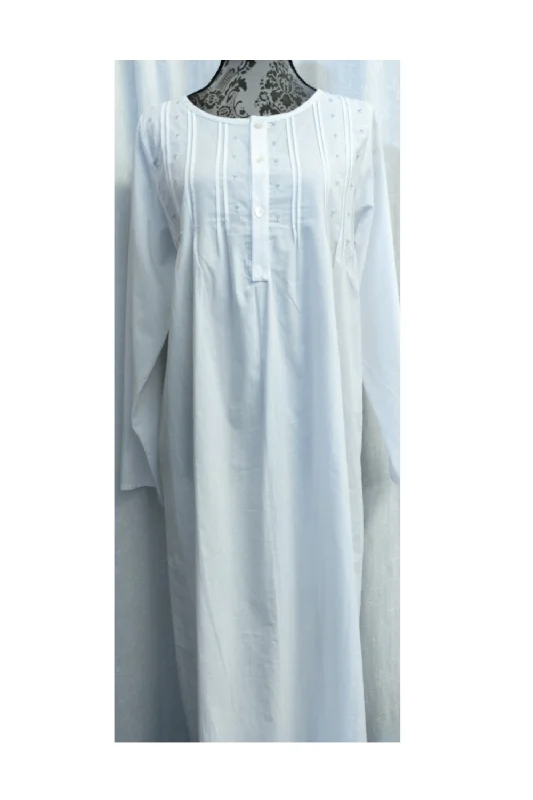 Long Sleeve Cotton Pintuck Nightdress - Blue Hand Embroidery Tunics Denim casual