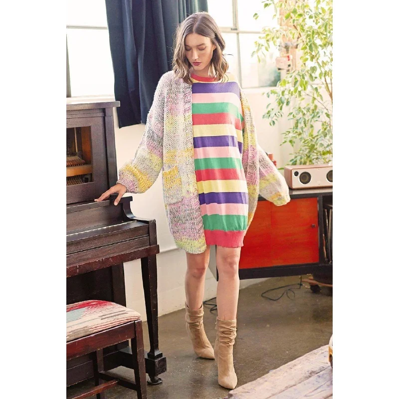 Multi-colored Striped Knit Sweater Dress Tunics Stylish elegant