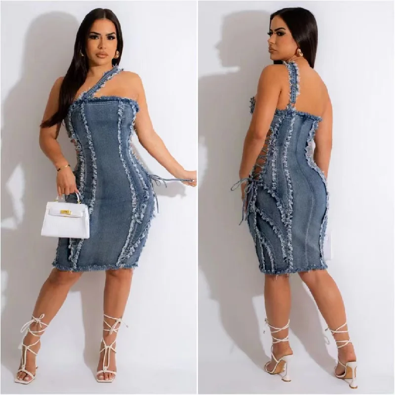 Strap Stitching Stretch Denim Dress（CL11291） Tunics Stylish elegant