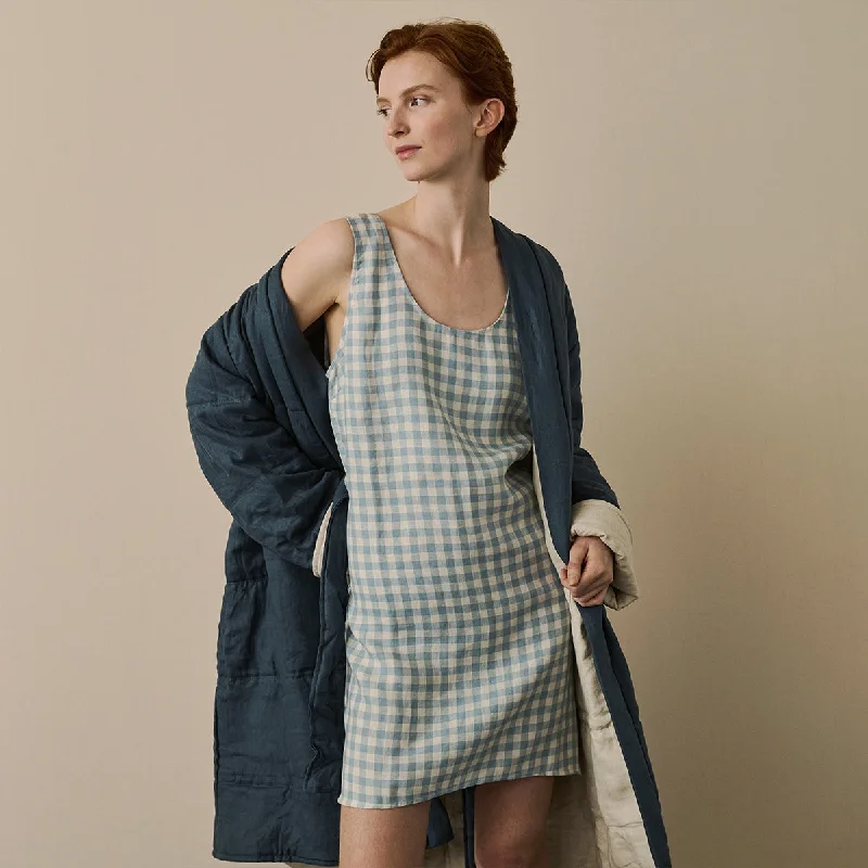 Warm Blue Gingham Linen Night Dress Cowl Neckline Elegant