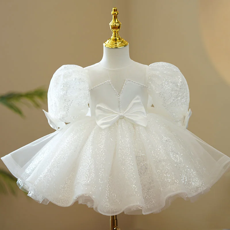 Baptism Dresses Baby Girl White Cute Bow Knot Sequin Birthday Party Dresses Toddler Ball Gowns Tunics Sale discount