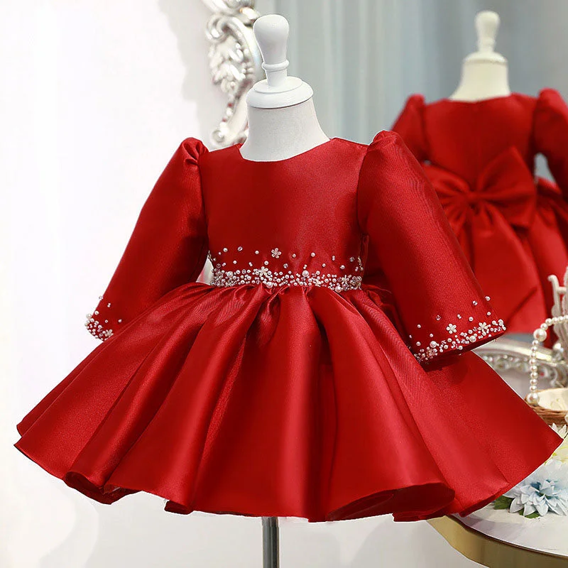 Girl Christmas Dress Baby Girl Winter Red Bead Puffy Birthday Party Dresses Tunics Evening elegant