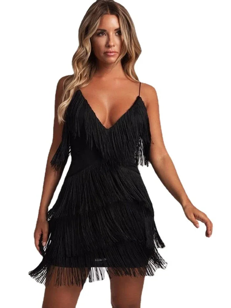 Women Sexy Deep V-Neck Spaghetti Straps Fringe Bodycon Mini Dress Tassels 1920s Gatsby Cocktail Latin Club Party Dresses Tunics Spring floral