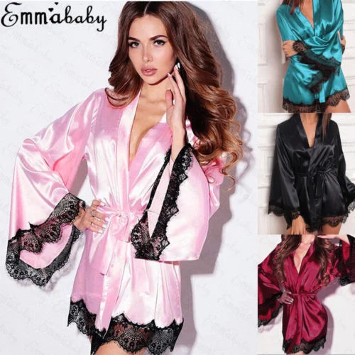 Women Sexy Lingerie Sleepwear Babydoll G-string Underwear Satin Silk Kimono Robe Dressing Gown Wedding Night Dress Bathrobe new Tunics Plaid country